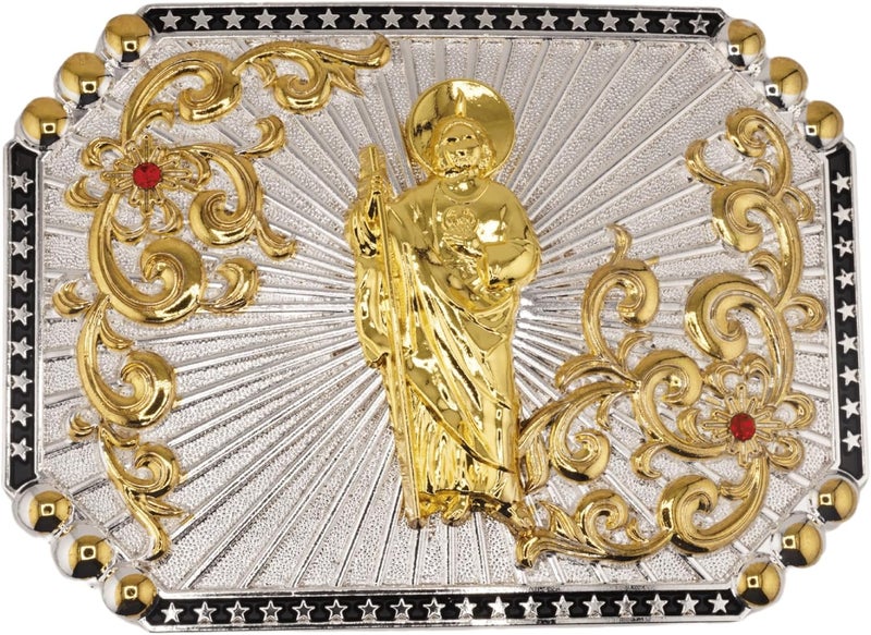 WMG Western St Jude Belt Buckle Gold Silver Saint Jude San Judas Cowboy Buckle Hebilla Vaquero Rodeo - Image 1